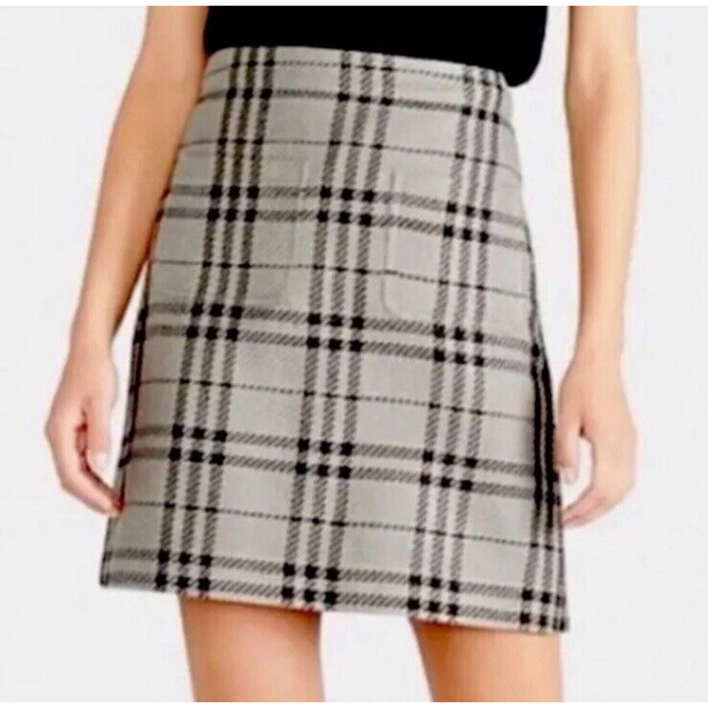 J.Crew Gray Black Plaid Tweed A-Line Skirt Sz 0 Retro Lined Front Pockets
